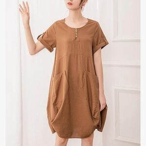 Women's Ruffle Oversize Casual Midi Dresses Pockets Medium Brown Artist Attire